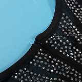 Black Hot Drilling Feather Patchwork Package Hips Midi Dress NY-2798