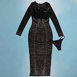 Black Hot Drilling Feather Patchwork Package Hips Midi Dress NY-2798