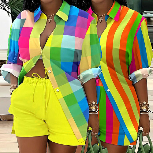 Fashion Print Blouse With High Waist Shorts 2 Pieces Suits NY-2799