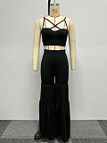 Black Straps Crop Top And Flared Pants 2 Pieces Sets NY-2806