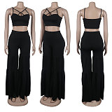 Black Straps Crop Top And Flared Pants 2 Pieces Sets NY-2806