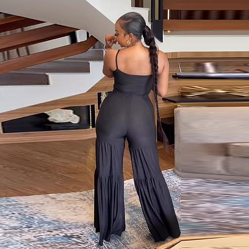 Black Straps Crop Top And Flared Pants 2 Pieces Sets NY-2806