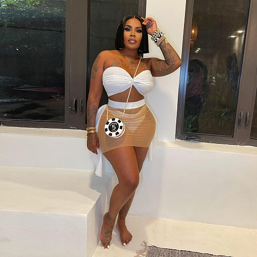 Sexy Mesh Patchwork Strapless Transparent 3 Pieces Sets NY-2803