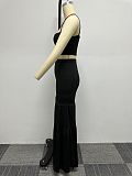 Black Straps Crop Top And Flared Pants 2 Pieces Sets NY-2806