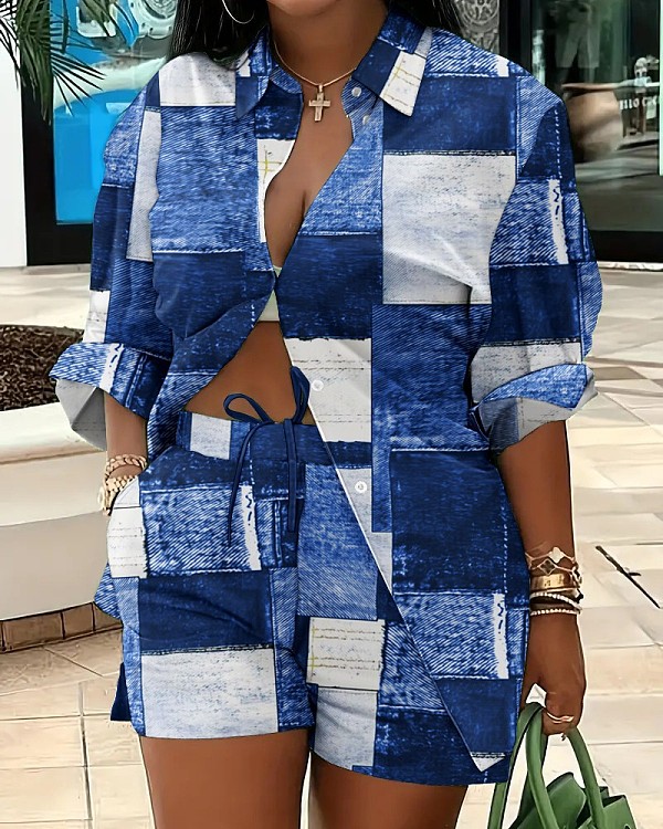 Fashion Print Women Blouse And Shorts 2 Pieces Sets RS-9060
