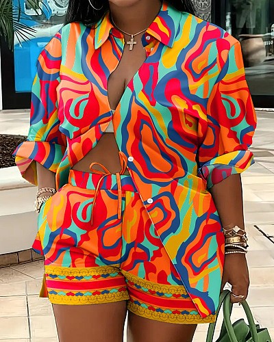 Fashion Print Women Blouse And Shorts 2 Pieces Sets RS-9060