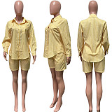 Striped Long Sleeve Shirt Tops Two Piece Short Sets HMS-5570