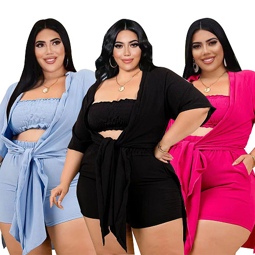 Solid Color Loose Cardigan Plus Size 3 Piece Set PINH-13286