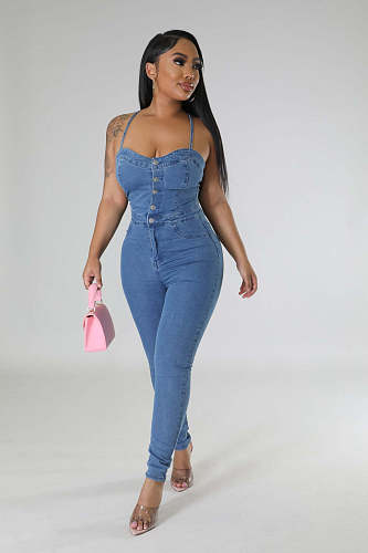 Sexy Backless Lace-up Bodycon Women Denim Jumpsuit LX-3557