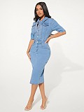 Casual Women Buttons Package Hips Slim Denim Midi Dress LX-3558