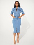 Casual Women Buttons Package Hips Slim Denim Midi Dress LX-3558