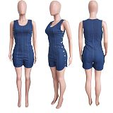 Sexy Slim Women Double-breasted Sleeveless Denim Romper LX-6960