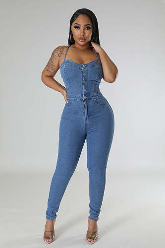 Sexy Backless Lace-up Bodycon Women Denim Jumpsuit LX-3557