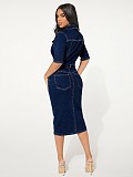 Casual Women Buttons Package Hips Slim Denim Midi Dress LX-3558