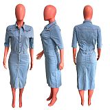 Casual Women Buttons Package Hips Slim Denim Midi Dress LX-3558