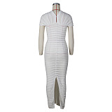 Fashion Ladies Round Collar Short Sleeves Slim Knitted Long Dress ZS-0290
