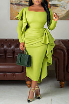 Elegant Ladies Flounced Squred Collar Green Maxi Dress BGN-312