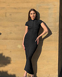 Fashion Ladies Round Collar Short Sleeves Slim Knitted Long Dress ZS-0290