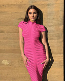 Fashion Ladies Round Collar Short Sleeves Slim Knitted Long Dress ZS-0290