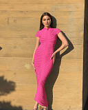 Fashion Ladies Round Collar Short Sleeves Slim Knitted Long Dress ZS-0290