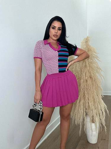Fashion Sporty Color Matching Sweater With Pleated Short Skirt 2 Pieces Set LA-3339