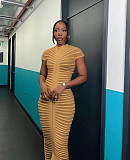 Fashion Ladies Round Collar Short Sleeves Slim Knitted Long Dress ZS-0290