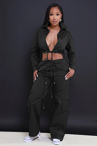 Sexy Backless Crop Top And Pockets Pants Women Two-piece Sets MEM-88509