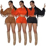 Tassel Hooded Crop Top+Bike Shorts Sets MEM-88408