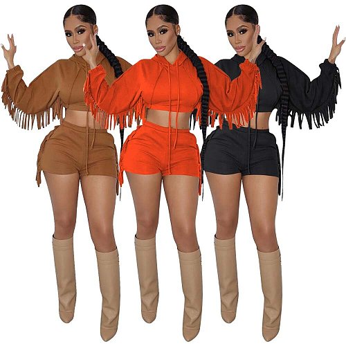 Tassel Hooded Crop Top+Bike Shorts Sets MEM-88408