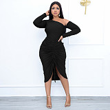 Sexy Oblique Shoulder Folds Slits Midi Dress LSL-0003