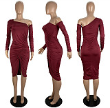 Sexy Oblique Shoulder Folds Slits Midi Dress LSL-0003