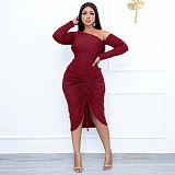 Sexy Oblique Shoulder Folds Slits Midi Dress LSL-0003