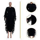 Women Round Collar Long Sleeves Tassel Maxi Dress TR-1279