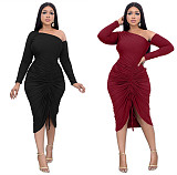 Sexy Oblique Shoulder Folds Slits Midi Dress LSL-0003