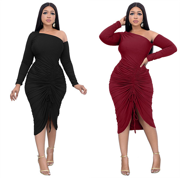 Sexy Oblique Shoulder Folds Slits Midi Dress LSL-0003