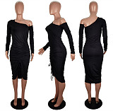Sexy Oblique Shoulder Folds Slits Midi Dress LSL-0003