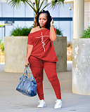 Leisure Women Off Shoulder Tops And Long Pants 2pcs Plus Size Sets OQ-0238