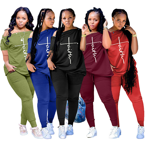 Leisure Women Off Shoulder Tops And Long Pants 2pcs Plus Size Sets OQ-0238