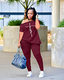 Leisure Women Off Shoulder Tops And Long Pants 2pcs Plus Size Sets OQ-0238