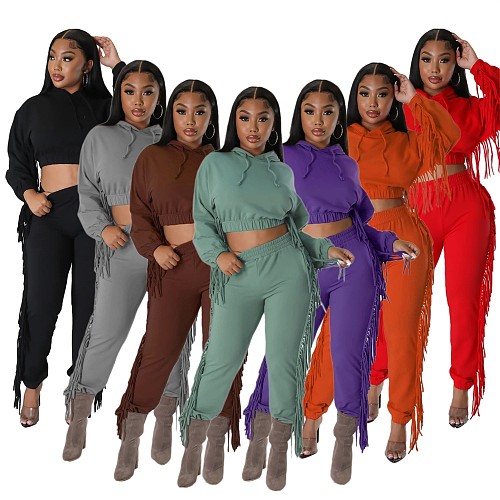 Leisure Solid Color Tassel Hoodies Two-piece Suits RS-9885