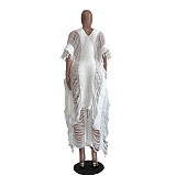 Women Solid Color Knitted Hollow Out Tassel Two Pieces Set TR-1266