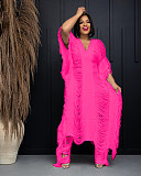 Women Solid Color Knitted Hollow Out Tassel Two Pieces Set TR-1266