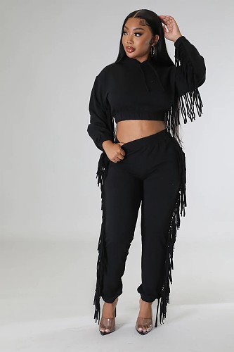 Leisure Solid Color Tassel Hoodies Two-piece Suits RS-9885