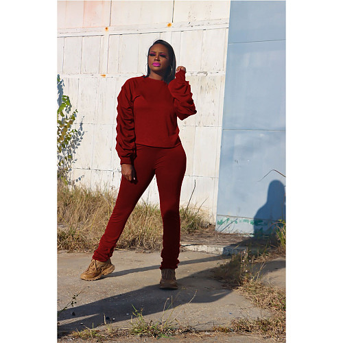 Casual Women Puff Sleeves Solid Color Two Pieces Suits XT-8132