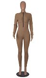 Women Solid Color Zipper Front Slim Sporty Jumpsuits HXZY-0321