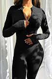 Women Solid Color Zipper Front Slim Sporty Jumpsuits HXZY-0321