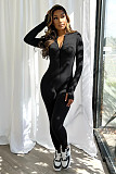 Women Solid Color Zipper Front Slim Sporty Jumpsuits HXZY-0321
