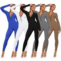 Women Solid Color Zipper Front Slim Sporty Jumpsuits HXZY-0321