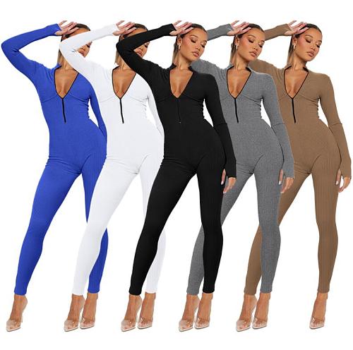 Women Solid Color Zipper Front Slim Sporty Jumpsuits HXZY-0321