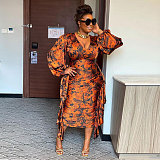 Fashion Print Lantern Sleeves Flounced Slim Maxi Dress NY-10597
